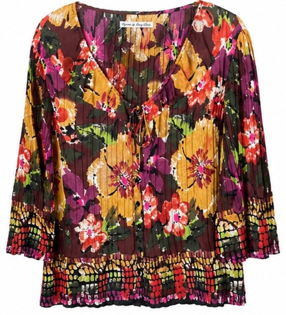 Signature Larry Levine Floral Plissé Pleated Button Up Blouse Long Sleeve Large